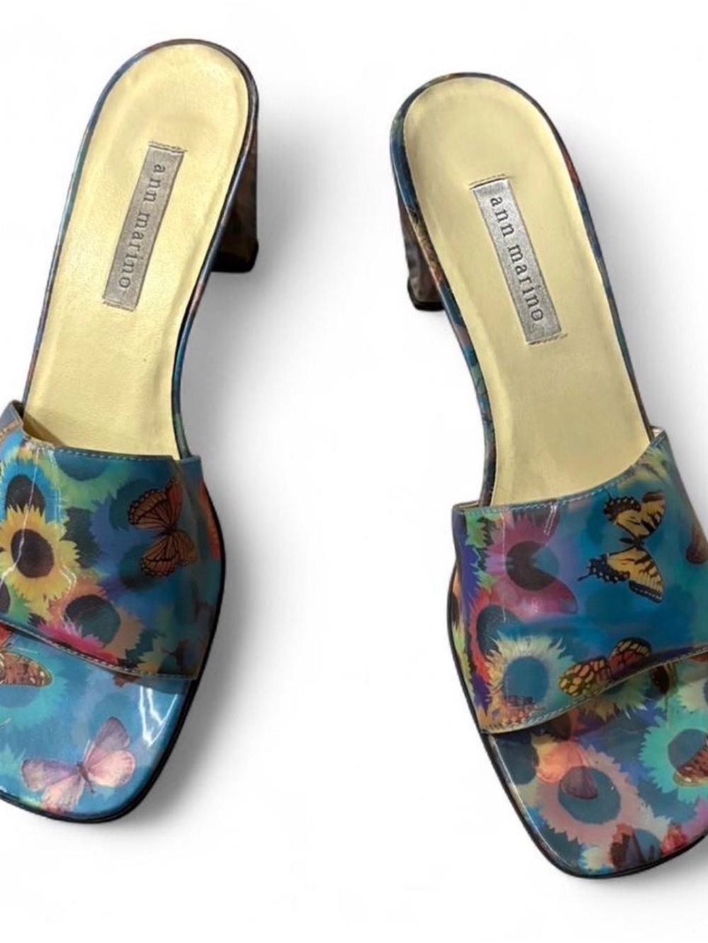 Y2K Vintage Ann Marino Butterfly Sunflower Holographic Kitten Heel Mules Sz 10 - Picture 2 of 5